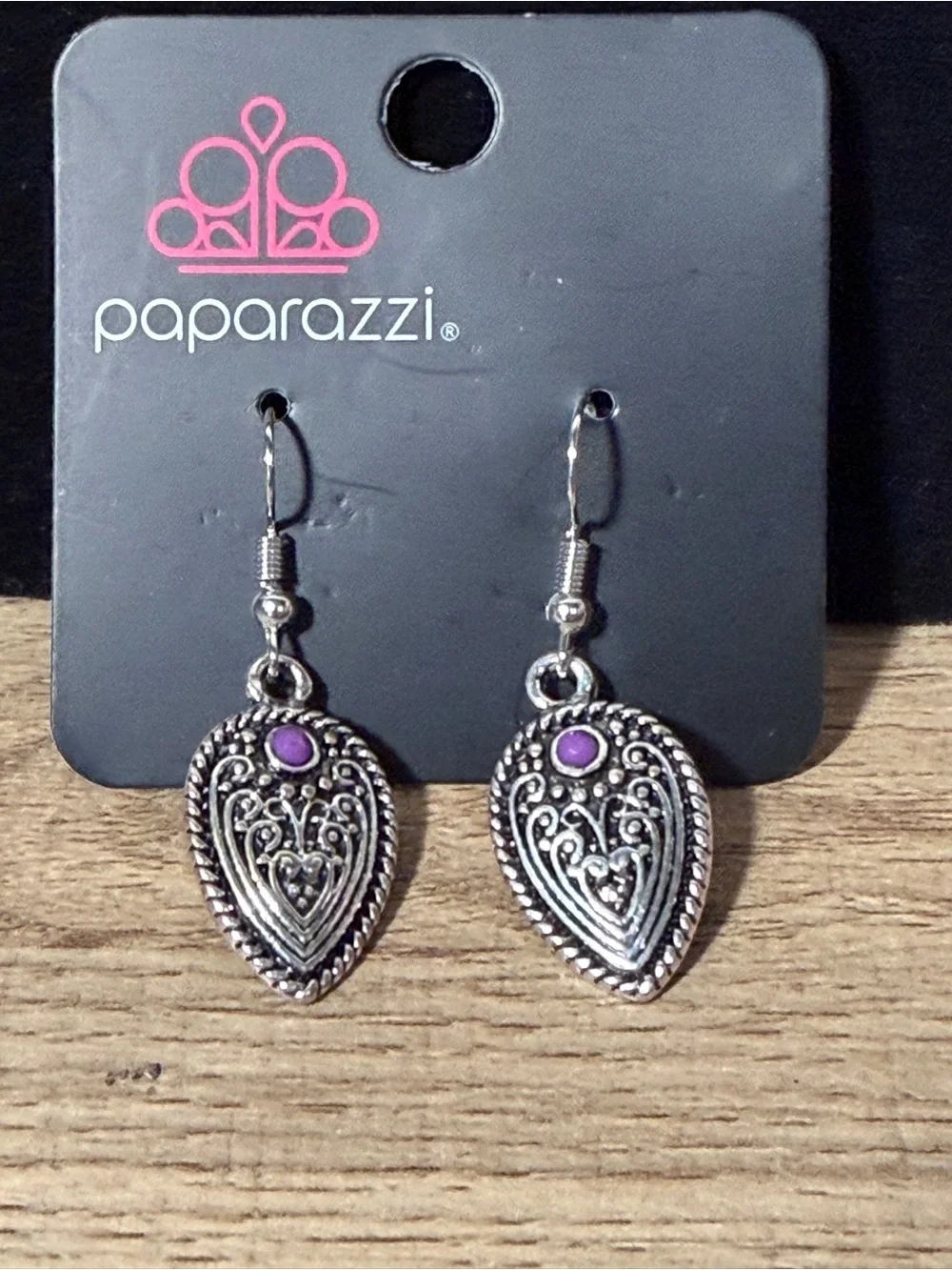 paparazzi Silver Teardrop Filigree Earrings with Purple Stone